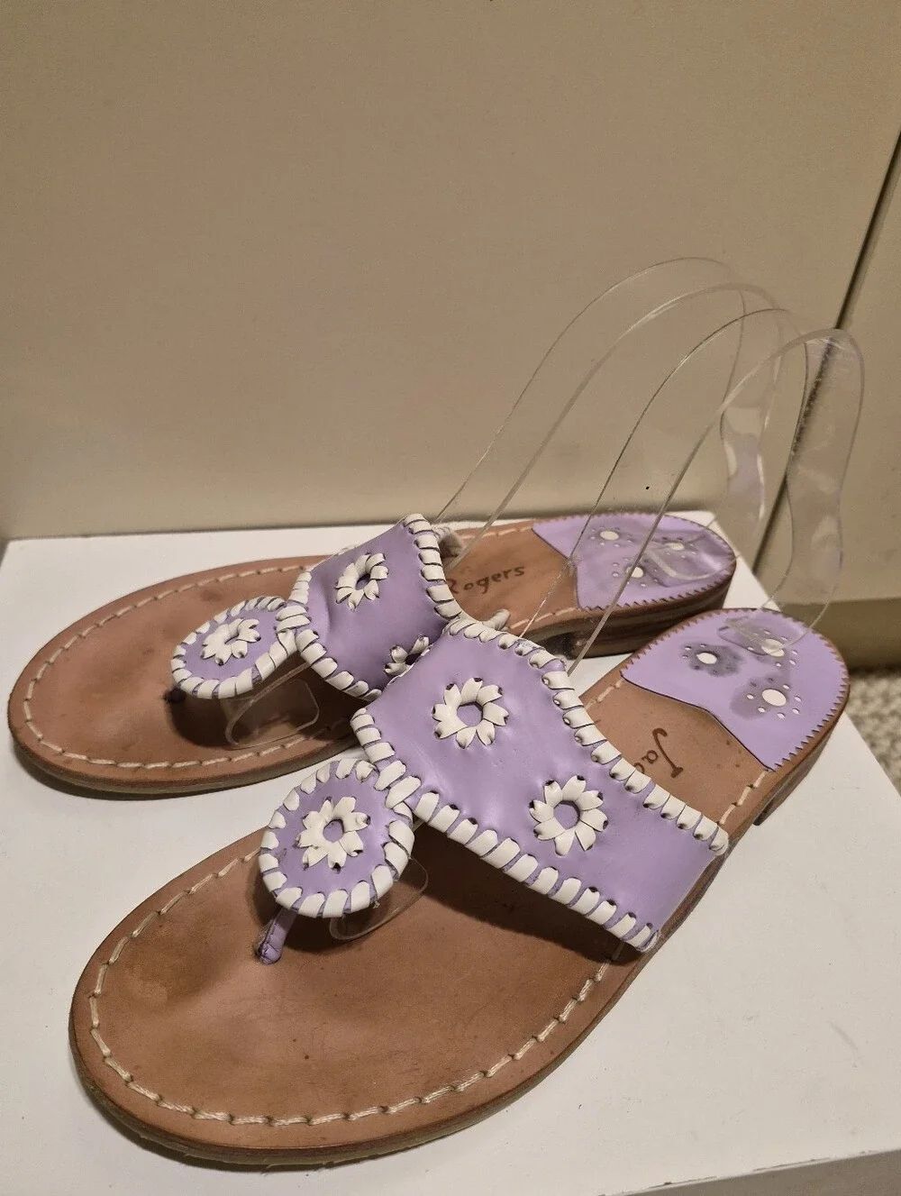 Jack Rogers "Navajo" Lavender/White Leather Whipstich Thong Sandals Sz.8 $138